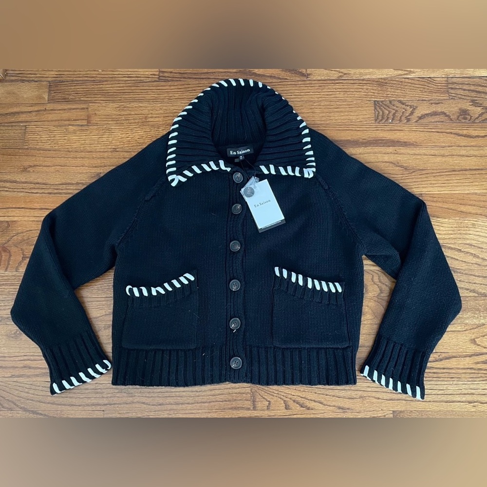 En Saison Piper Whipstitch Black & White Cardigan Sweater Women’s Medium NEW - Picture 4 of 14